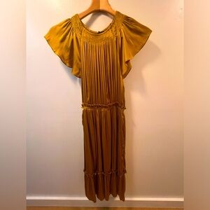 Anthropologie gold silk dress with elastic waist and ruffle detail